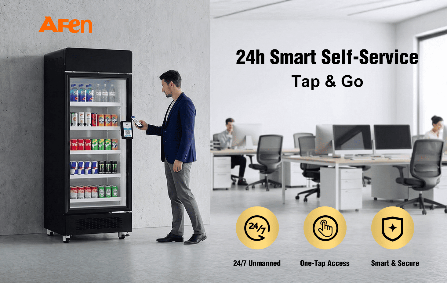 AFEN Smart Cooler 510L Hero Scene AFEN 510 smart cooler providing versatile 24/7 unmanned retail solutions for offices and gyms